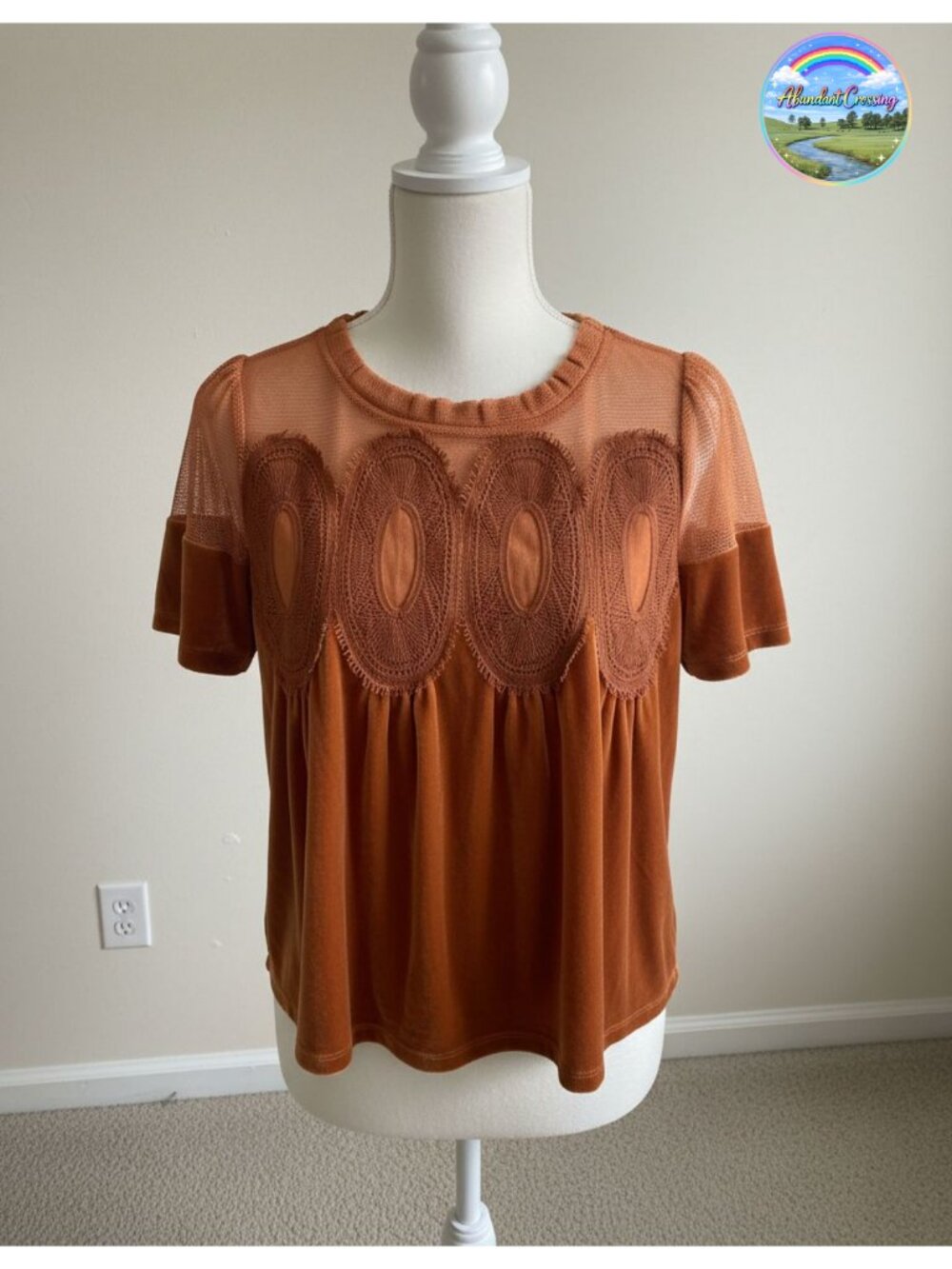 Womens Velvet Lace Blouse Short Sleeve Flowy Swing Top